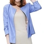 Open Front Short Sleeve Collarless Ladies Real Sheepskin Blue Leather Jacket