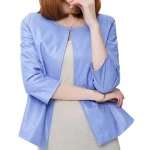 Open Front Short Sleeve Collarless Ladies Real Sheepskin Blue Leather Jacket