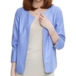 Open Front Short Sleeve Collarless Ladies Real Sheepskin Blue Leather Jacket