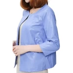 Open Front Short Sleeve Collarless Ladies Real Sheepskin Blue Leather Jacket
