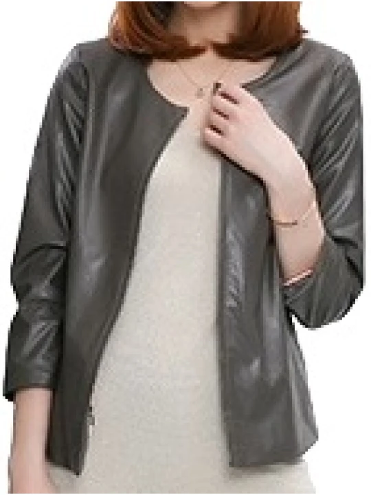 Open Front Short Sleeve Collarless Ladies Real Sheepskin Gray Leather Jacket
