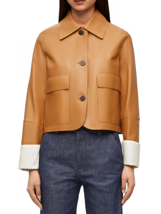 Patch Pockets Cognac Leather Jacket