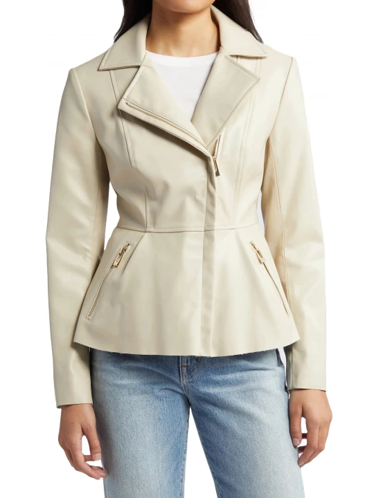 Peplum Beige Leather Jacket