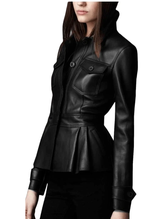 Peplum Waist Womens Real Sheepskin Black Leather Coat Jacket