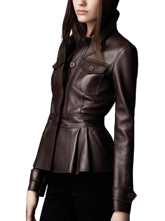 Peplum Waist Womens Real Sheepskin Brown Leather Coat Jacket