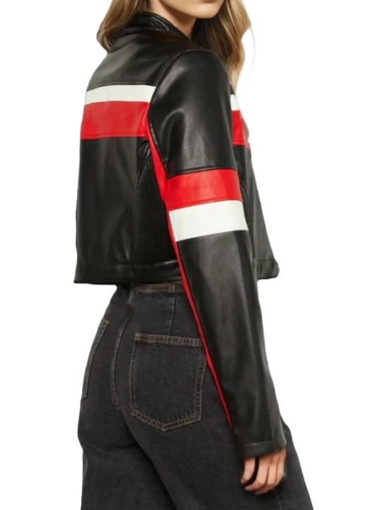 Red And White Stripes Black Leather Jacket