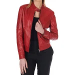 Red leather jacket with a high collar