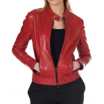 Red leather jacket with a high collar