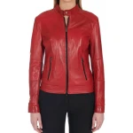 Red leather jacket with a high collar