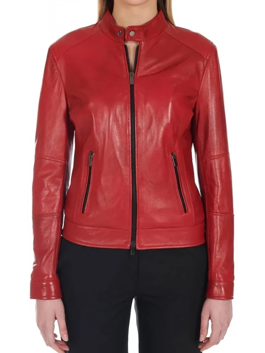 Red leather jacket with a high collar