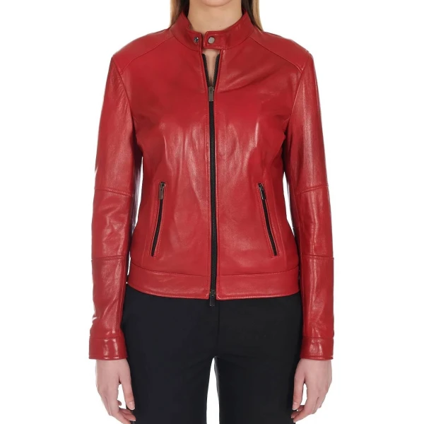 Red leather jacket with a high collar