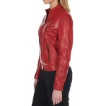 Red leather jacket with a high collar