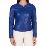 Round Neck Blue Leather Jacket