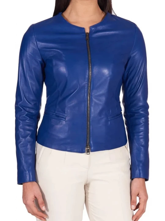 Round Neck Blue Leather Jacket