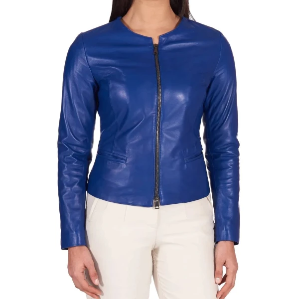 Round Neck Blue Leather Jacket