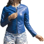 Round Neck Blue Leather Jacket