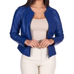 Round Neck Blue Leather Jacket