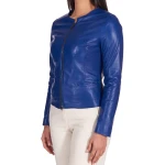 Round Neck Blue Leather Jacket