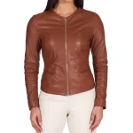 Round Neck Brown Leather Jacket