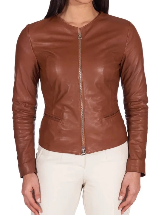 Round Neck Brown Leather Jacket