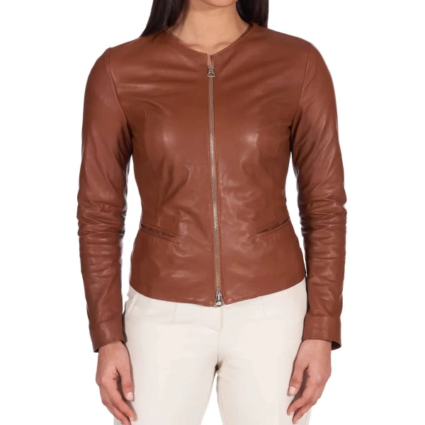 Round Neck Brown Leather Jacket