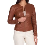 Round Neck Brown Leather Jacket