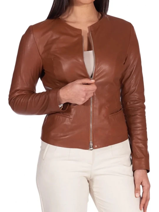 Round Neck Brown Leather Jacket