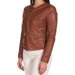 Round Neck Brown Leather Jacket