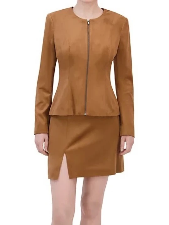 Round Neck Camel Suede Leather Jacket