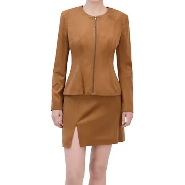 Round Neck Camel Suede Leather Jacket