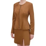Round Neck Camel Suede Leather Jacket