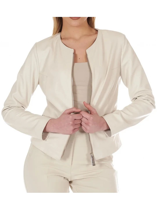 Round Neck Cream Leather Jacket