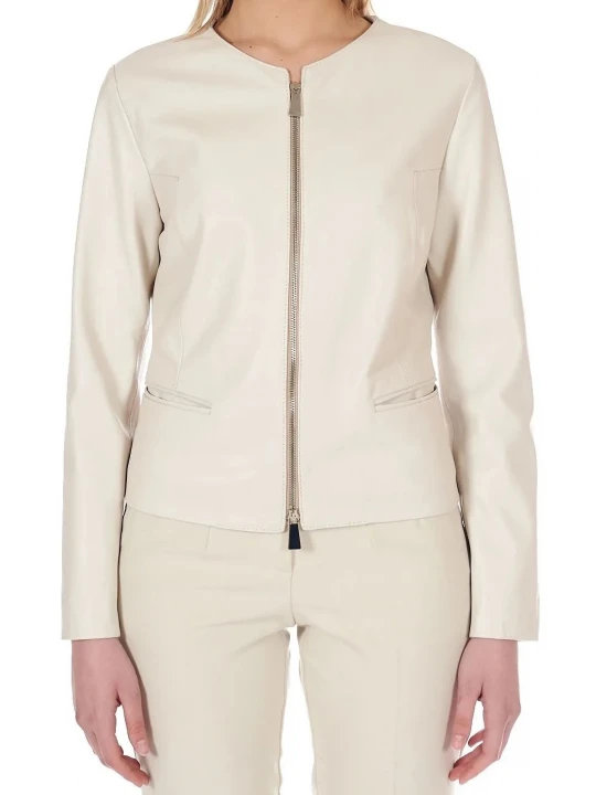 Round Neck Cream Leather Jacket
