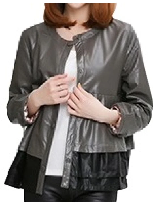Round Neck Ladies Real Sheepskin Gray Leather Jacket