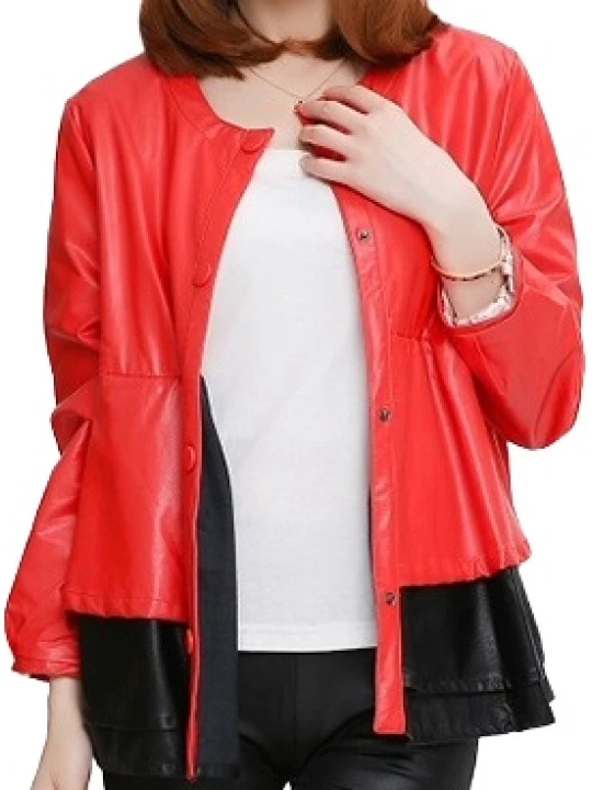 Round Neck Ladies Real Sheepskin Red Leather Jacket