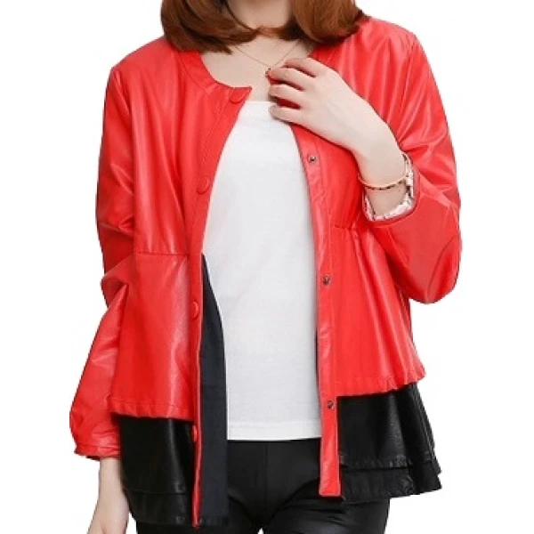 Round Neck Ladies Real Sheepskin Red Leather Jacket