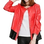 Round Neck Ladies Real Sheepskin Red Leather Jacket
