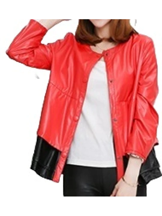 Round Neck Ladies Real Sheepskin Red Leather Jacket
