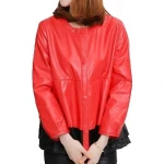 Round Neck Ladies Real Sheepskin Red Leather Jacket