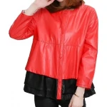 Round Neck Ladies Real Sheepskin Red Leather Jacket