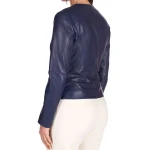 Round Neck Navy Blue Leather Jacket