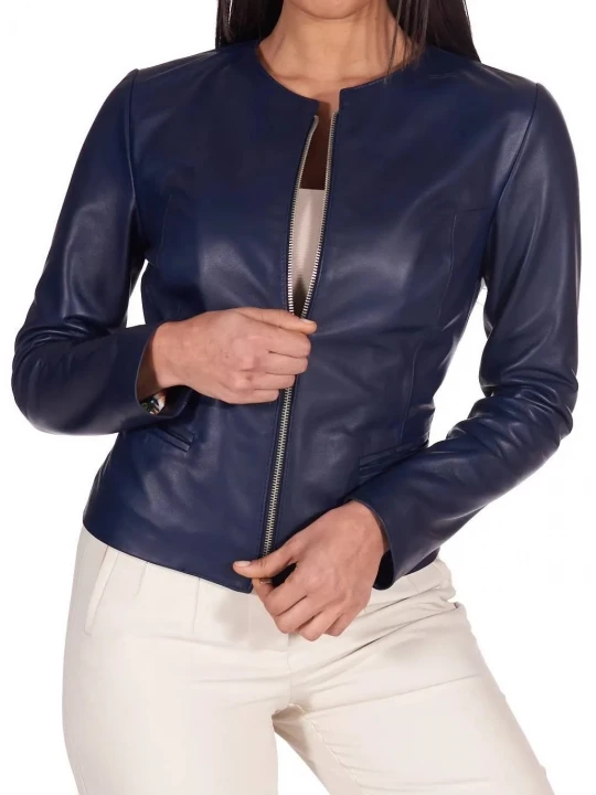 Round Neck Navy Blue Leather Jacket