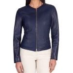 Round Neck Navy Blue Leather Jacket