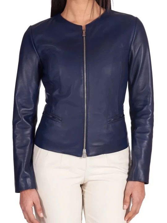 Round Neck Navy Blue Leather Jacket