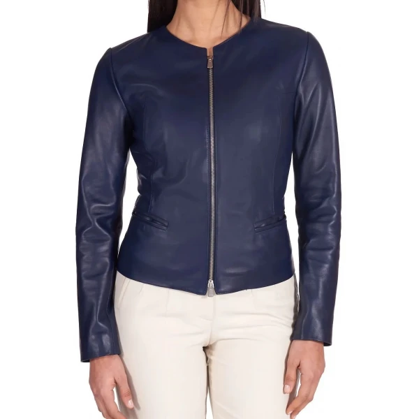 Round Neck Navy Blue Leather Jacket