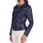 Round Neck Navy Blue Leather Jacket