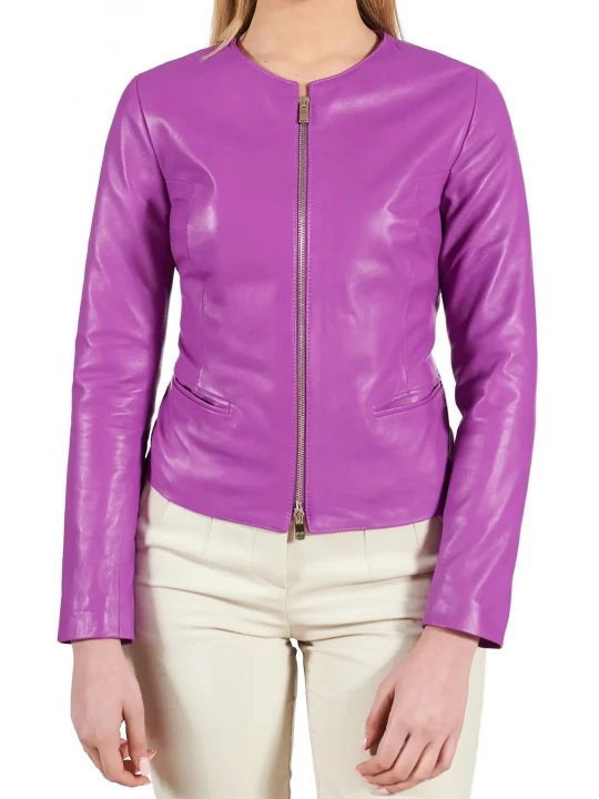 Round Neck Purple Leather Jacket