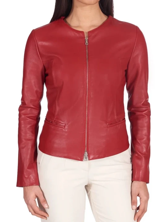 Round Neck Red Leather Jacket