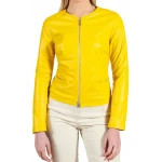 Round Neck Yellow Leather Jacket