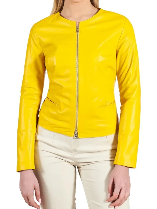 Round Neck Yellow Leather Jacket